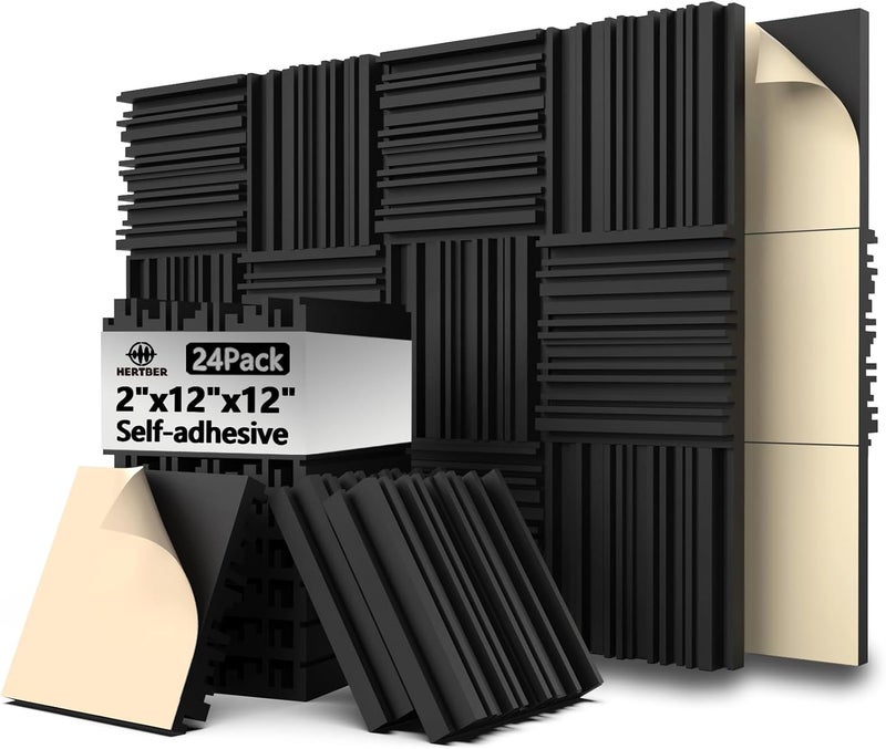 HERBEVER 24 Pack Acoustic Foam Panels, Self-adhesive Grooved Black Sound Proofing Panels, 12x12x2 Inches, High Density Sound Proof Foam Panels for Walls, Studio Recording, Office, Home - Image 1